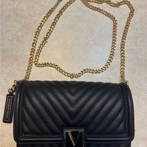 Victoria's Secret Black Chevron Crossbody Bag with Gold Chain
